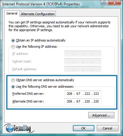 Configurando a OpenDNS em cada PC individualmente (Windows Vista)
