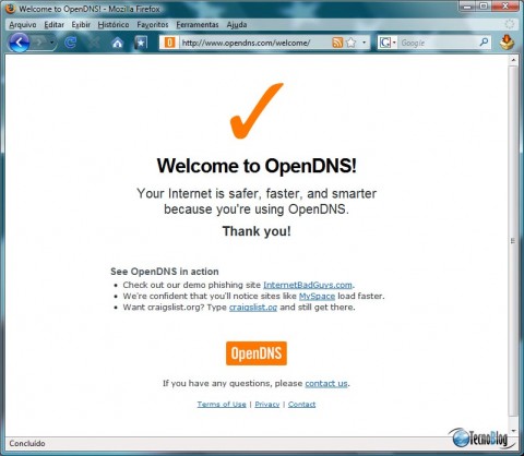 Mensagem de boas vindas da OpenDNS. Clique para ampliar.