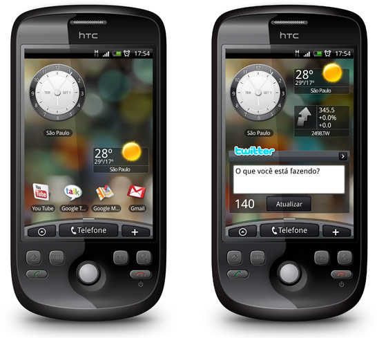 Tela inicial do HTC Magic com interface HTC Sense e cliente do Twitter. (Divulgação)