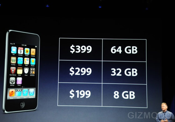 Novos preços e capacidades de armazenamento do iPod Touch. (Gizmodo)