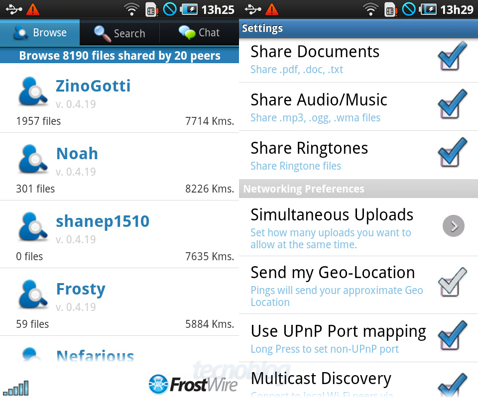 FrostWire permite compartilhamento de arquivos entre Androids