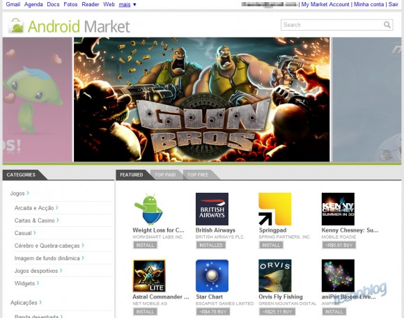 Captura de tela do novo Android Market Web Store