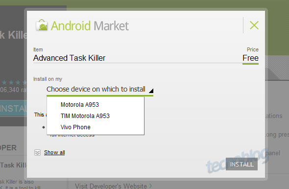 Captura de tela do Android Market com seleção de dispositivo