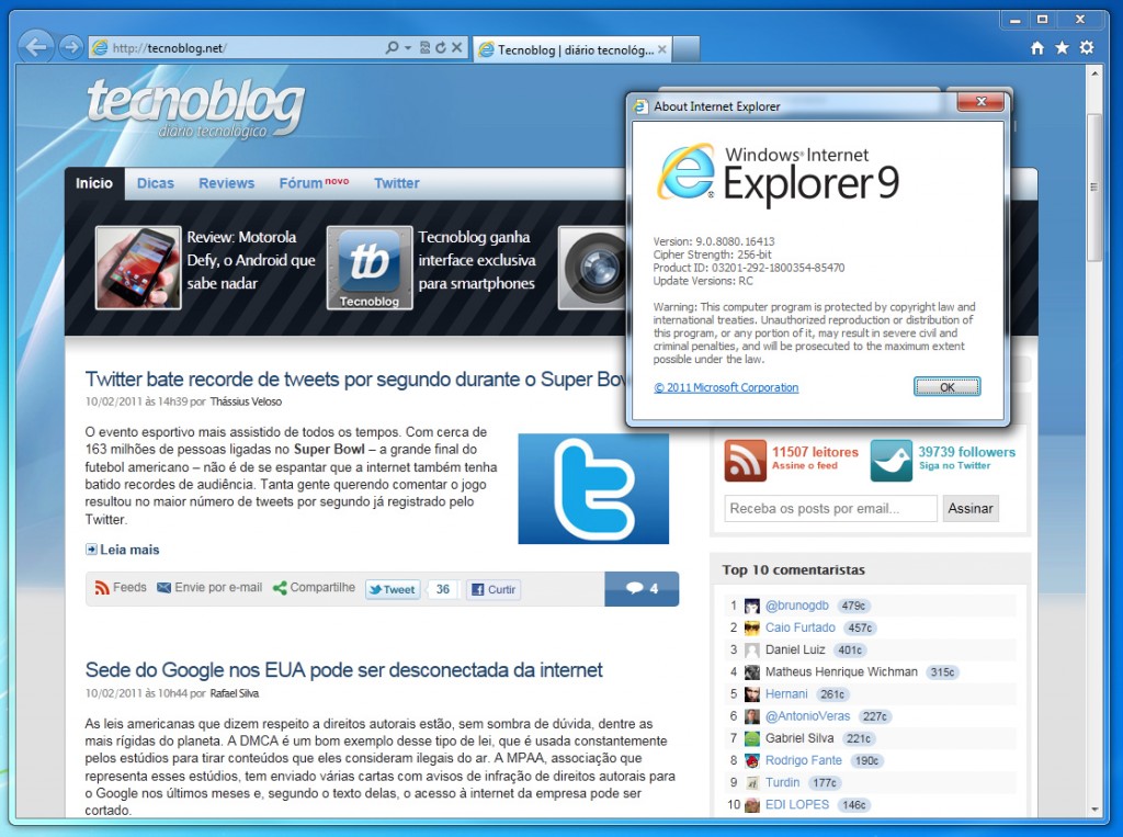 Screenshot do Internet Explorer 9 RC | Clique para ampliar