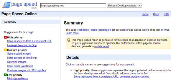 Google Page Speed te diz se um site está rápido o bastante