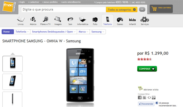 Samsung Omnia W com Windows Phone aparece silenciosamente no e-commerce brasileiro