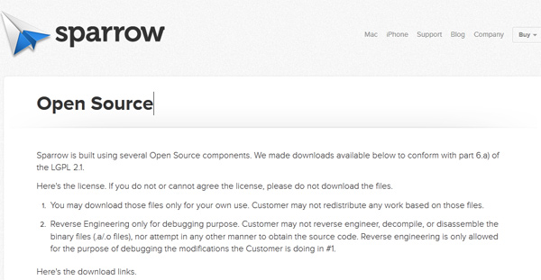 Sparrow tem componentes liberados sob licença Open Source