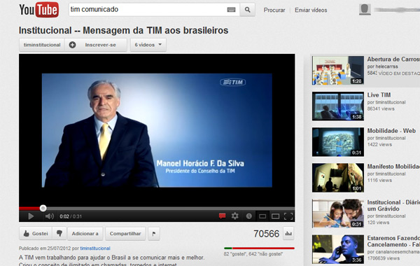 Presidente do conselho da TIM defende companhia em comercial veiculado na TV – 82 "gostei" e 642 "não gostei" no YouTube