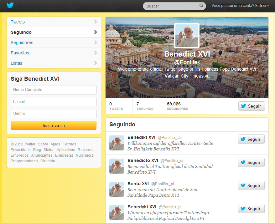 Sua Santidade, o Papa Bento 16 chega ao Twitter (e só segue a si mesmo)