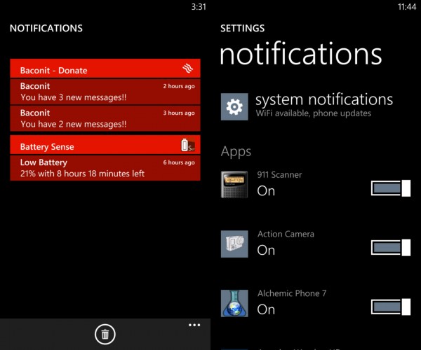 Suposta versão preliminar da central de notificações do Windows Phone, que vazou em junho