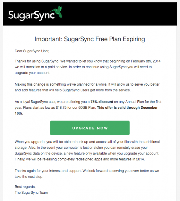 Comunicado enviado pela SugarSync aos usuários