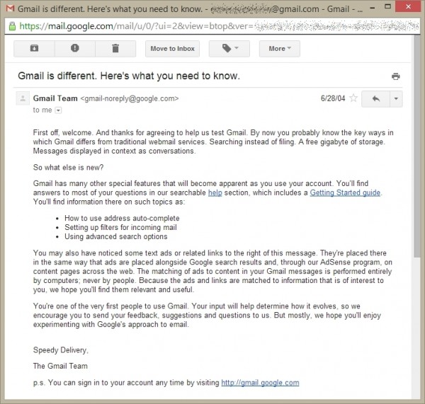 Mensagem de boas-vindas do Gmail