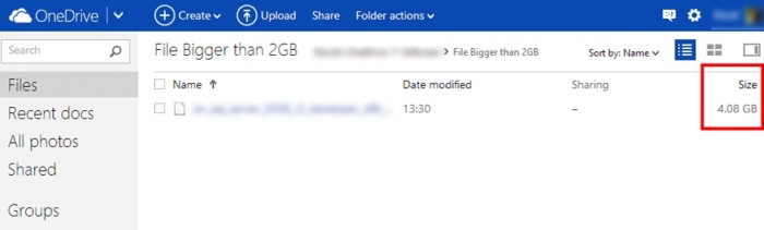 Suposto arquivo com 4 GB no OneDrive
