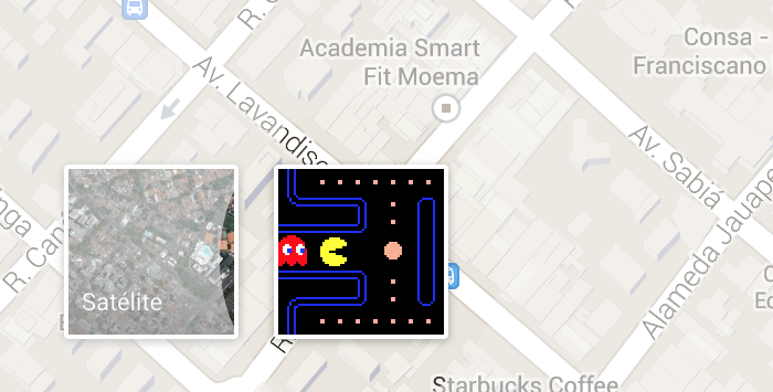 Botão que habilita modo Pac-Man nos mapas do Google