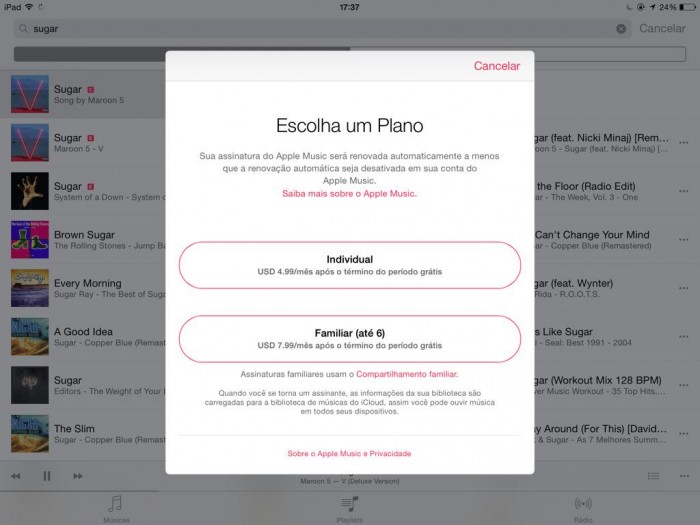 No Brasil, a assinatura do Apple Music custa US$ 4,99.