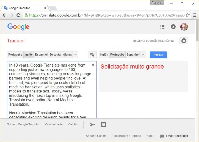 Google Tradutor - erro