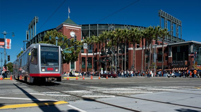 LRVs on the T Line,  servicing the San Francisco Giant's baseball game against the Atlanta Braves