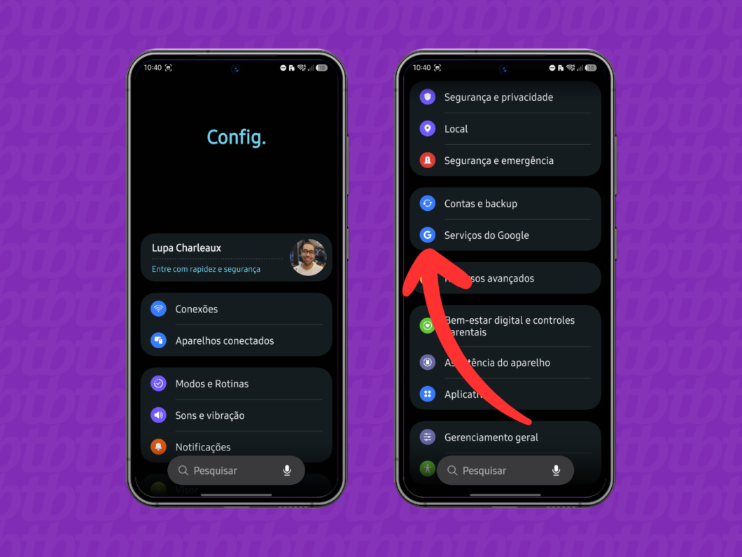 Abrindo o menu “Google” nas Configurações do Android para gerenciar a conta Google