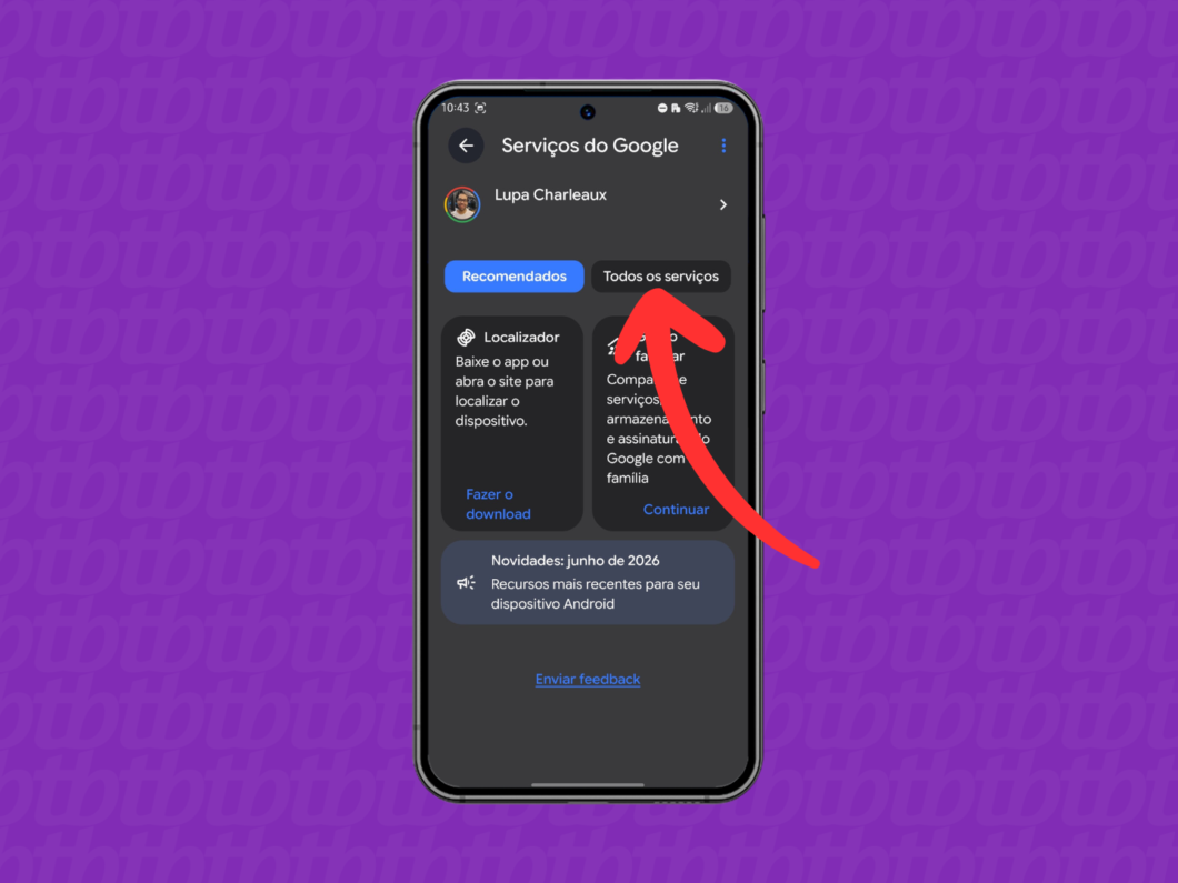 Selecionando a aba “Todos os serviços” em “Serviços do Google” no celular Android para configurar o backup