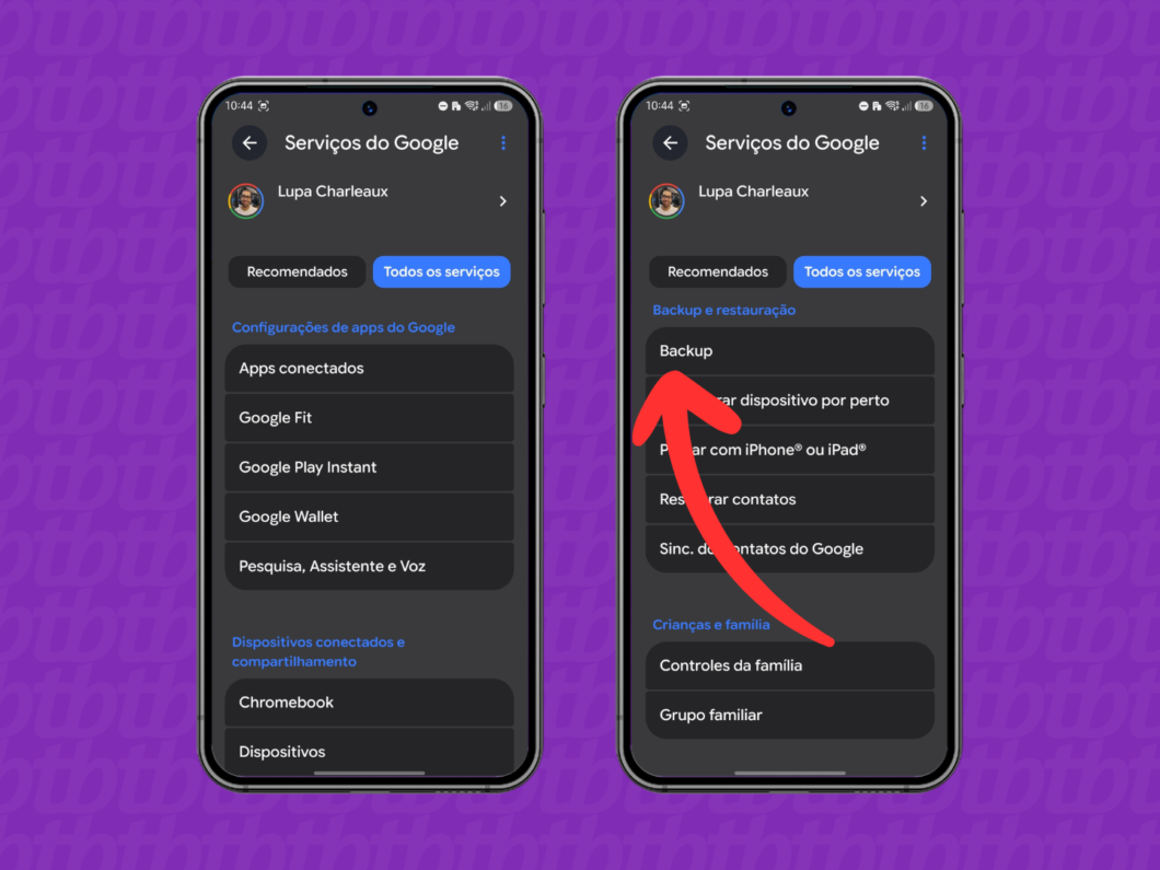Acessando o menu “Backup” nos Serviços do Google do Android para configurar a cópia de segurança