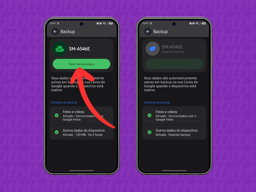 Realizando backup do celular Android, com telas mostrando “Fazer backup agora” e a sincronização em andamento