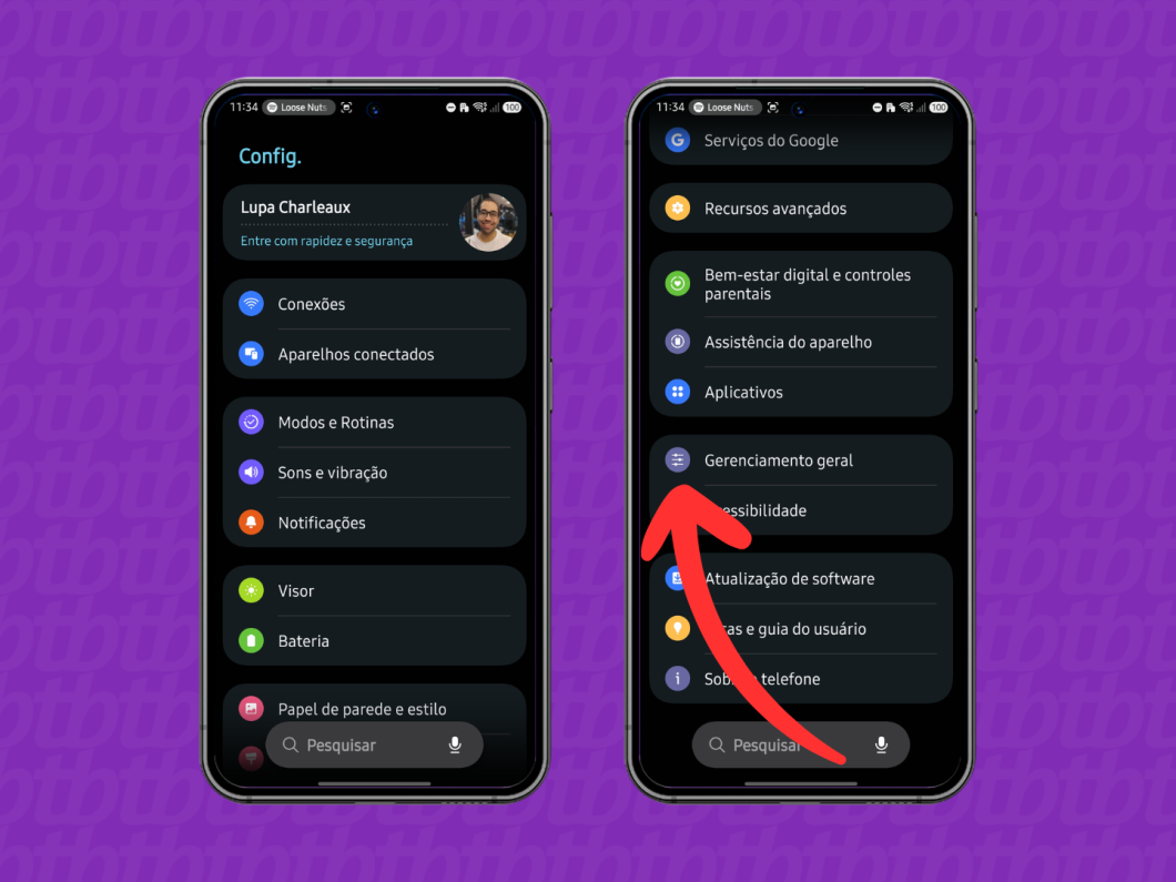 Toque em “Gerenciamento geral” nas configurações do Android para continuar a redefinição do celular