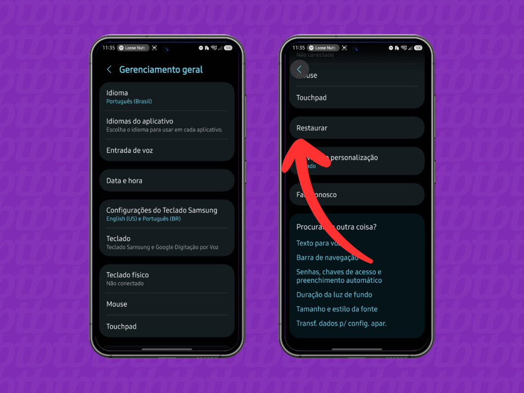 Seleção da opção “Restaurar” nas configurações do gerenciamento geral do Android