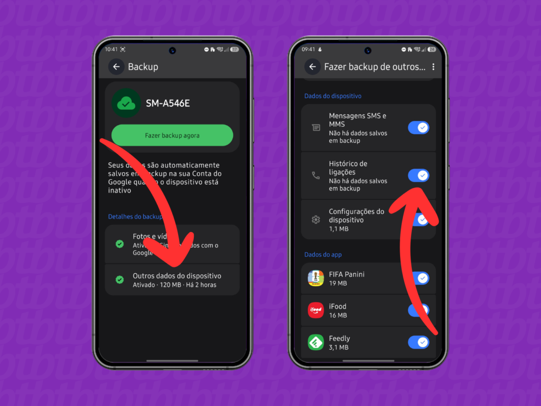Tela de configurações do backup do Android mostrando a desativação de “Mensagens SMS e MMS” e “Histórico de ligações”