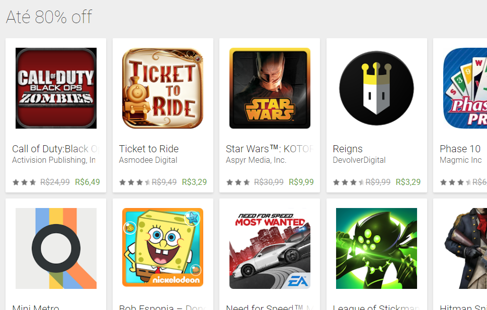 Promoção da Play Store oferece até 80% de desconto em jogos para Android