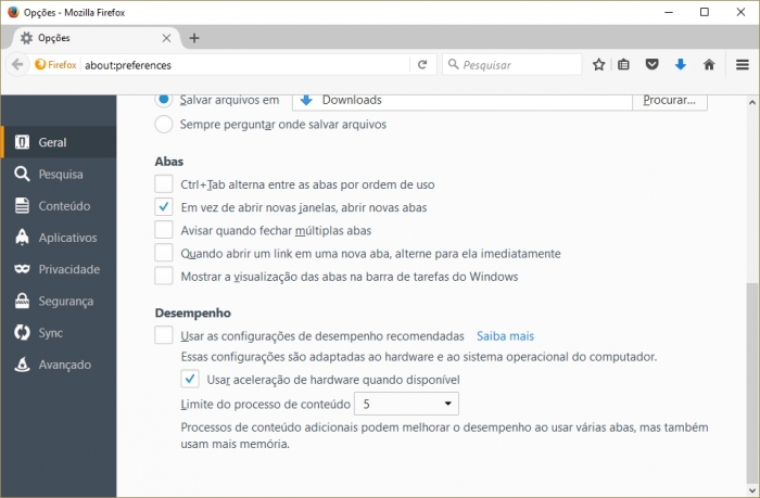 Firefox 55 - configurações