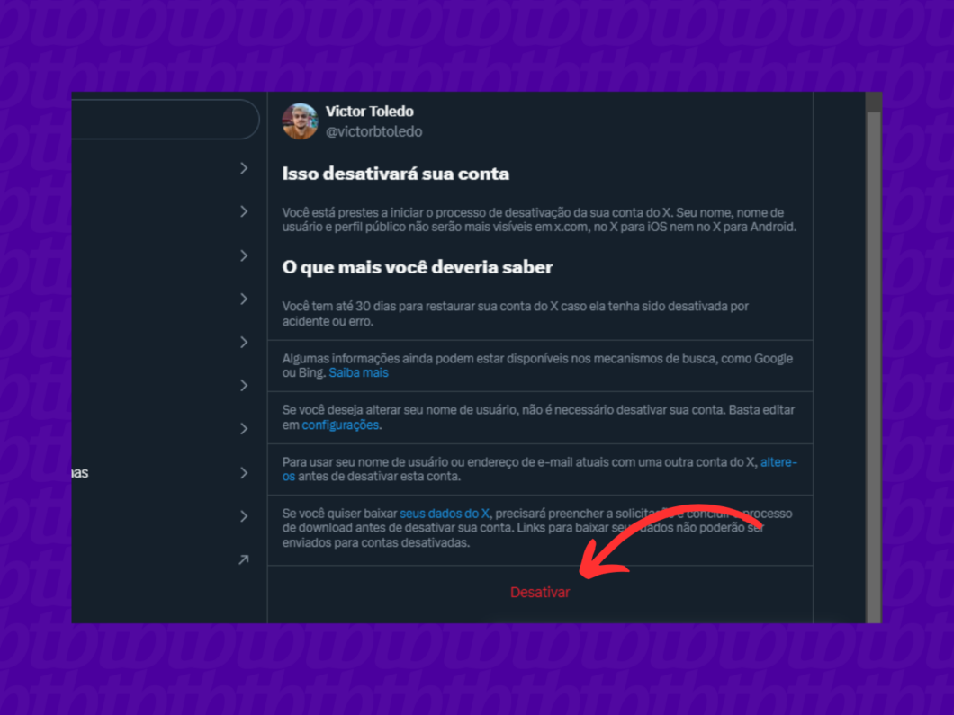 Confirme a exclusão da sua conta na rede social (Imagem: Reprodução/X)
