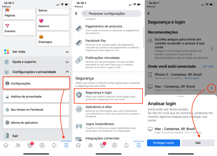 como sair do facebook remotamente pelo iPhone (iOS)