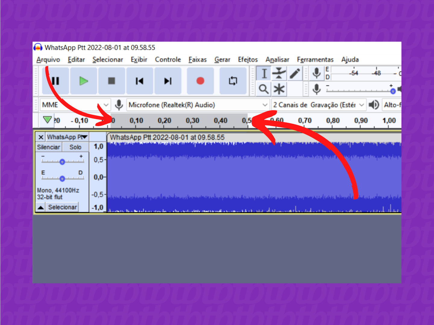 Captura de tela mostrando como cortar um áudio no Audacity