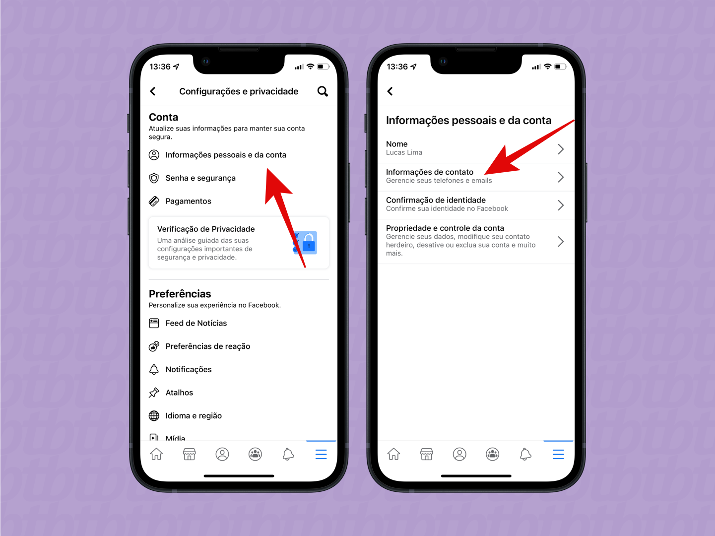 Tela do aplicativo do facebook para celular indicando as informações de contato (login) no menu