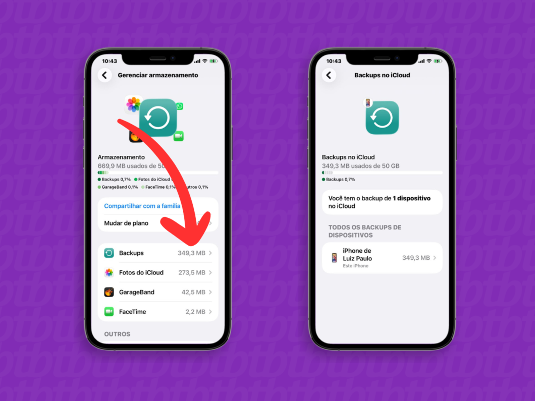 Tela do iPhone em “Gerenciar armazenamento” mostrando backups no iCloud de um aparelho antigo para liberar espaço na nuvem