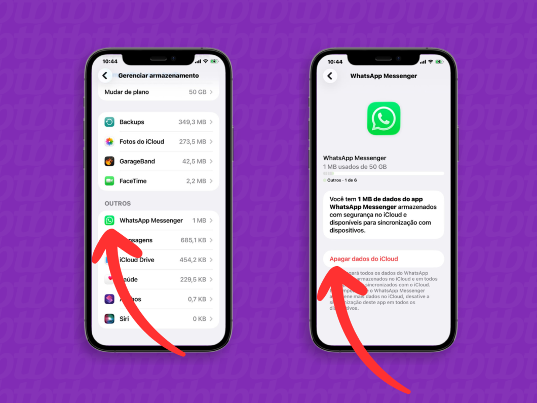 Telas do iPhone mostrando como apagar dados do WhatsApp no iCloud para ganhar espaço
