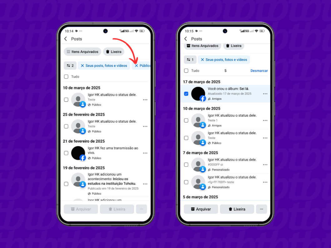 Selecionando todas as fotos do seu Facebook para exclusão