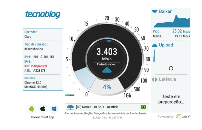 Teste de velocidade da internet medição do modo de velocidade da