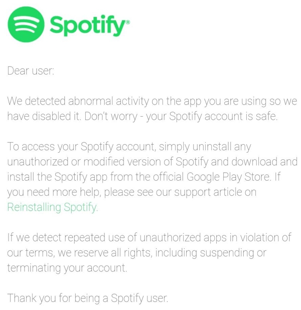 Email de alerta do Spotify