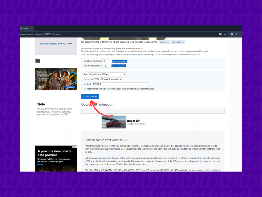 Convertendo o arquivo MP4 para GIF com o EzGIF
