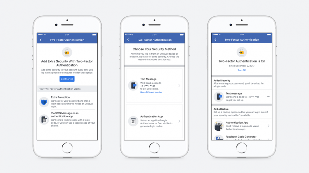 Facebook também oferece opções para autenticação em duas etapas (Imagem: Reprodução)