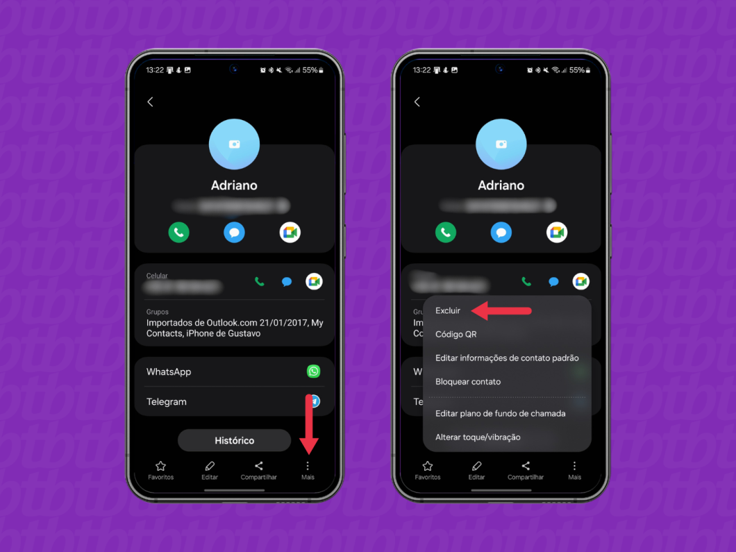 Captura de tela mostra página de edição dos dados do contato no WhatsApp para iPhone com uma seta vermelha indicando botão "três pontos" e "Apagar contato"