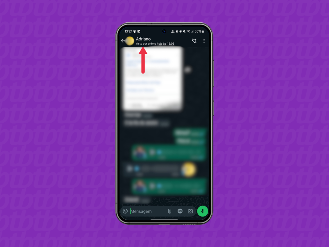 Captura de tela mostra página de conversa do WhatsApp para Android com uma seta vermelha indicando barra superior com nome do contato