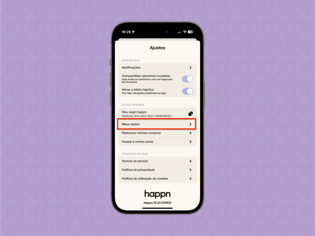 Captura de tela do menu "Meus dados" para encontrar a opção de excluir o Happn (Imagem: Reprodução/Happn)