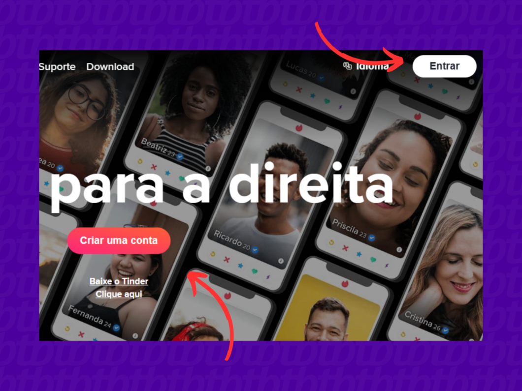 Acessando o site do Tinder no navegador. É possível criar uma nova conta pelo botão no centro da tela ou entrar em uma conta no topo.