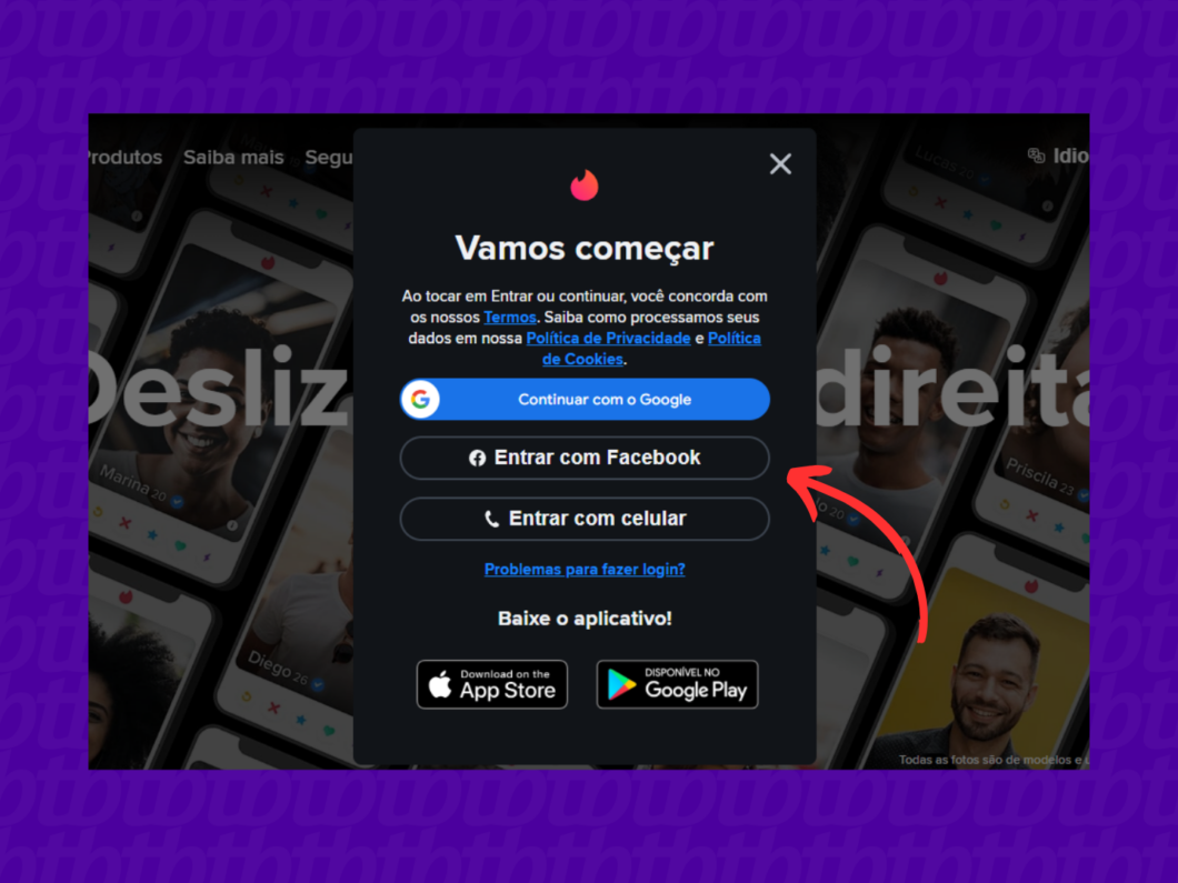Fazendo login no Tinder pelo PC. É possível continuar com o Google, pelo Facebook ou com número de celular.