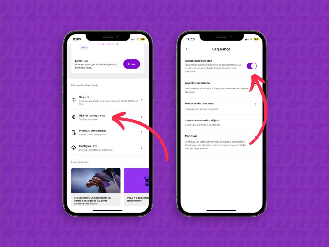 Acesse os ajustes de segurança e ative a chave seletora da biometria para proteger sua conta do Nubank (Imagem: Reprodução/Nubank)