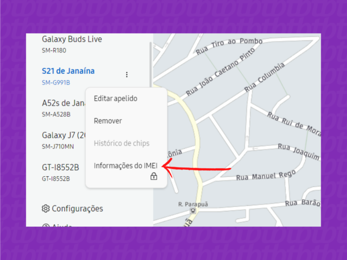 Captura de tela mostrando como descobrir o IMEI pelo Samsung fynd my mobile 