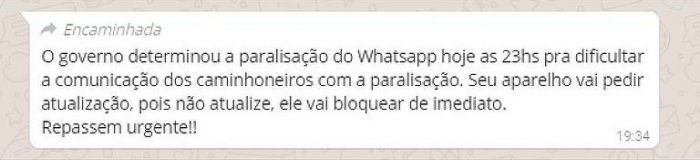 Mensagen falsa sobre bloqueio do WhatsApp