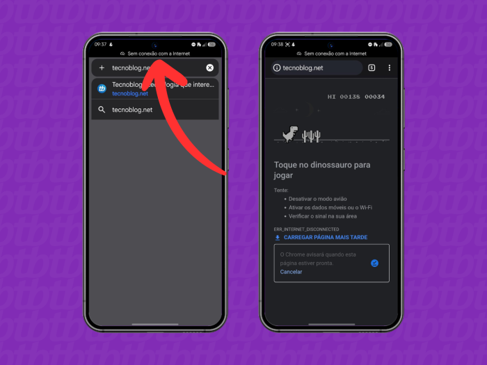 Duas telas no Chrome com internet desativada, mostrando “Sem conexão com a Internet” e “Toque no dinossauro para jogar”